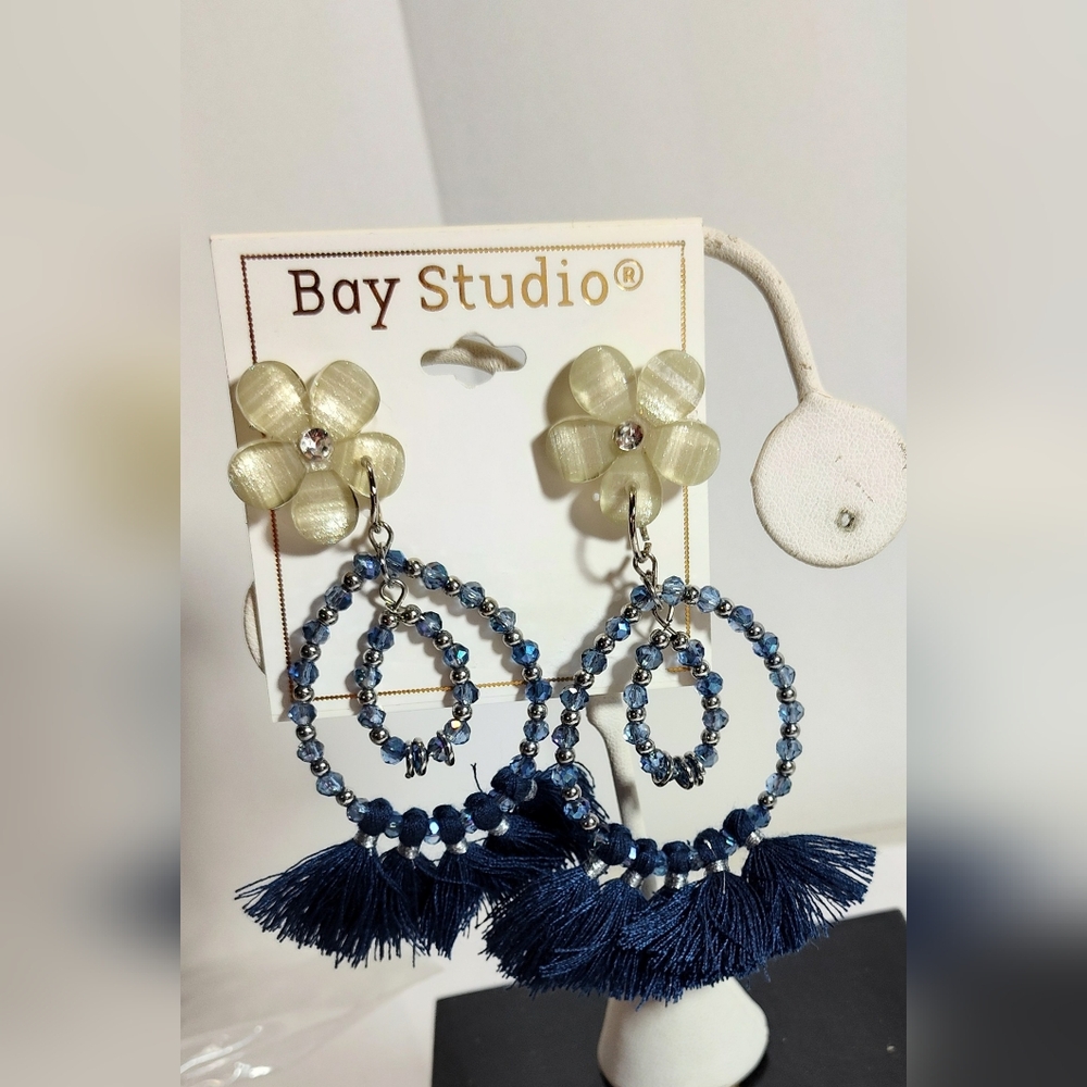 Bay Studio Navy and Cream Beaded Fringe Hoop Earrings